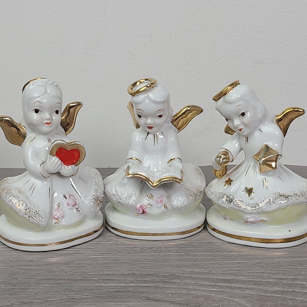Vintage Porcelain Angel Figurine Set of 3 White Gold Halo Wings